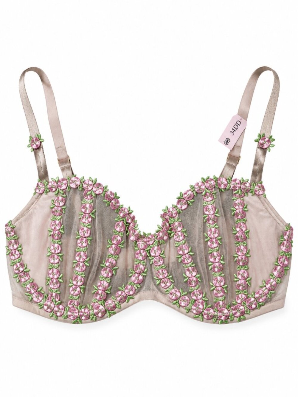 NWT Victoria’s Secret 34DD Sheer Mesh Floral Embroidered Underwire Bra